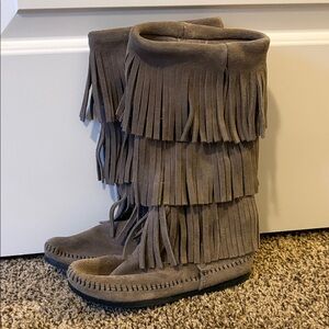 Minnetonka Fringe Moccasin Boots - Taupe